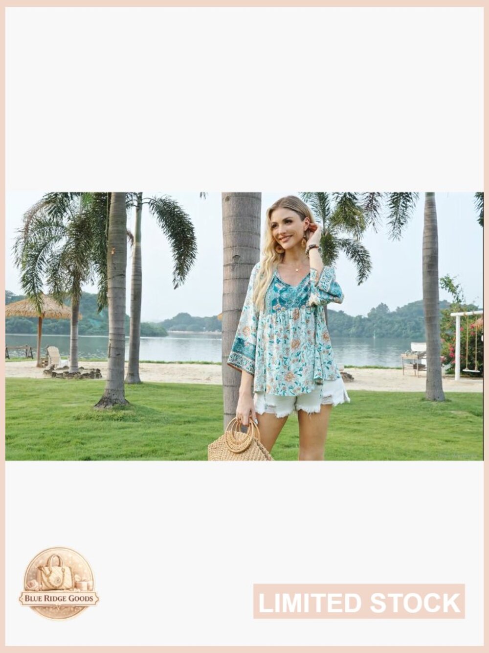 Boho Floral Print V-Neck Blouse 3/4 Sleeve Tie Front Casual Top - Picture 5 of 5